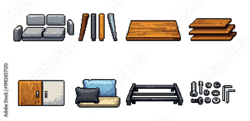Furniture components and assembled sofa parts shown on dark background