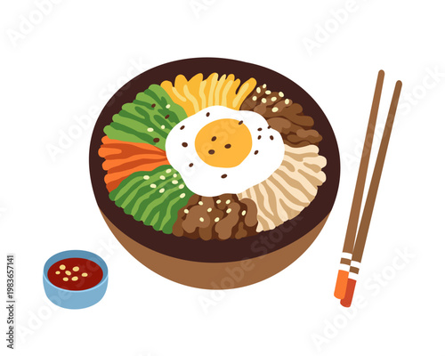 Korean bibimbap bowl illustration rice egg vegetables beef spicy sauce chopsticks traditional asian food colorful meal composition