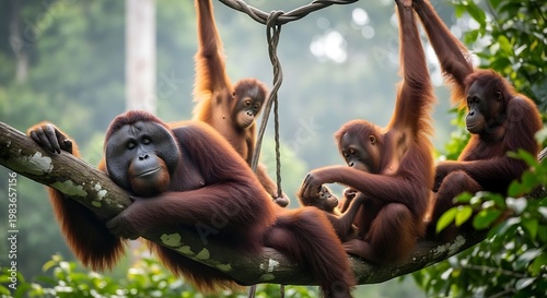 A family of orangutans resting and playing together on a thick tree branch in a lush jungle