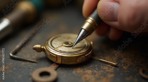 A watchmaker repairing vintage mechanical wristwatch with precision tools on watchmaker desk. 
