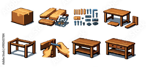 Wooden table parts and assembly pieces on neutral background