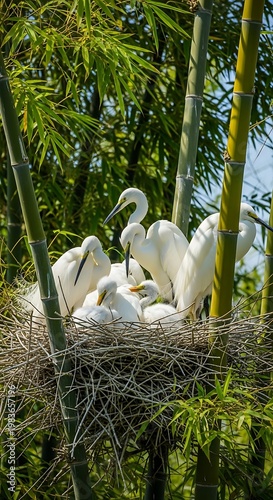 A family of white egrets nestled protectively in a straw nest within a dense bamboo grove