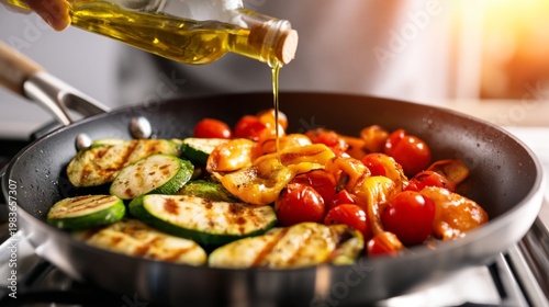 Cooking Vegetables in a Pan With Olive Oil in a Kitchen During Late Afternoon