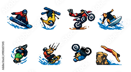 Action sports athletes performing stunts on water and land