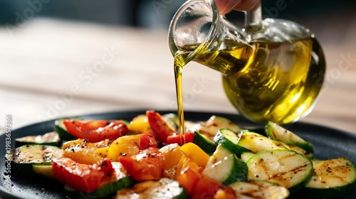 Grilled Vegetables With Olive Oil Being Poured in a Kitchen Setting During Da...