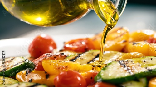 Grilled Vegetables With Olive Oil Being Poured in a Kitchen Setting During Da...