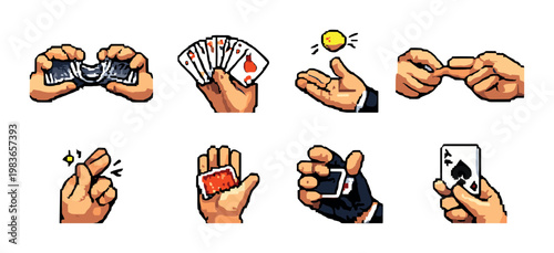 Hands performing card and coin gestures on gray background