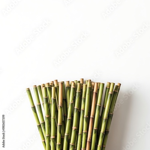 A fanned arrangement of tall, green, segmented bamboo stalks on a white background