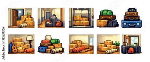 Packed rooms filled with moving boxes in apartment interiors