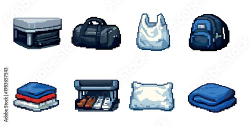 Luggage and bedding icons showing travel and storage items in room