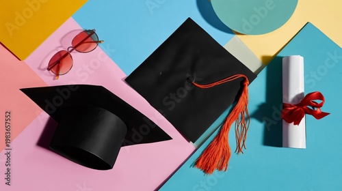 Graduation Cap, Diploma, and Sunglasses on Colorful Background for Celebration