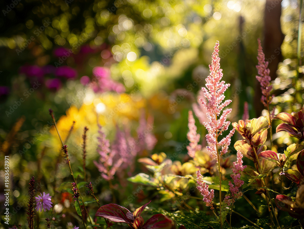 Obraz premium Sunny garden professional plant photography, diverse fresh plants arranged in an orderly manner, soft pink blur, natural light beam, morning light layering, flower cluster bokeh, Leica - AI-Generated