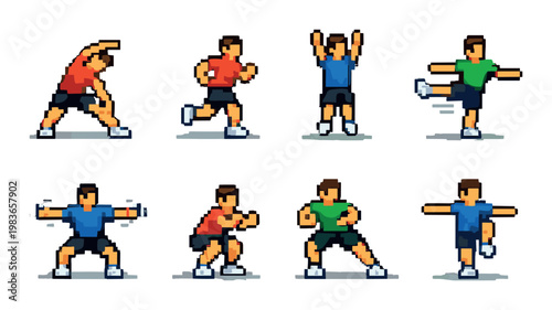Pixel athletes performing drills on gray background