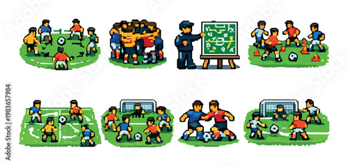 Pixel soccer teams practicing drills and coaching on field