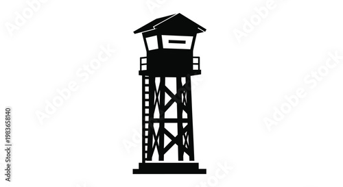 A stark black watchtower illustration presented as a silhouette
