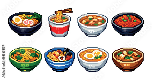 Eight bowls of ramen and soup arranged on gray background