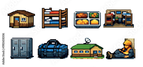 Worker accommodation and facilities icons arranged on gray background