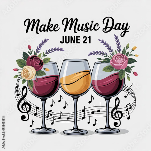 A vibrant illustration of three wine glasses surrounded by flowers and musical notes to celebrate Make Music Day on June 21