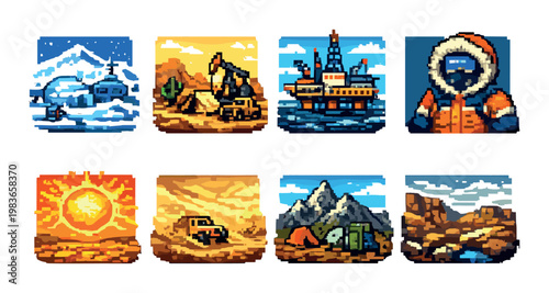 Adventure environment icons displayed in grid on dark background