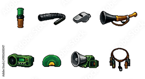 Signaling devices and audio equipment arranged on grey background