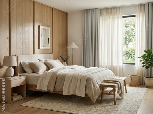 Front-facing perspective of a premium bedroom with linen bed, panel wall, rug, and curtain, arranged in a clean minimal