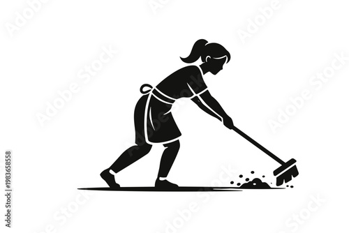 A cleaning lady sweeps the floor with a broom on a light gray background