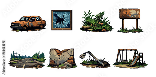 Abandoned urban objects and overgrowth icons on muted background