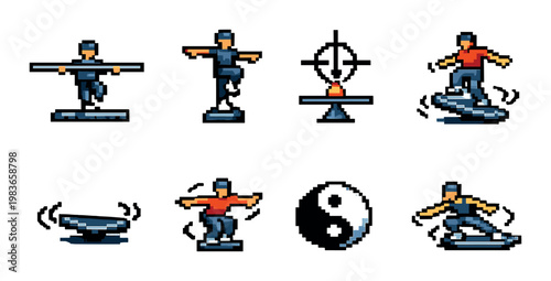Pixel characters performing balance poses on gray background