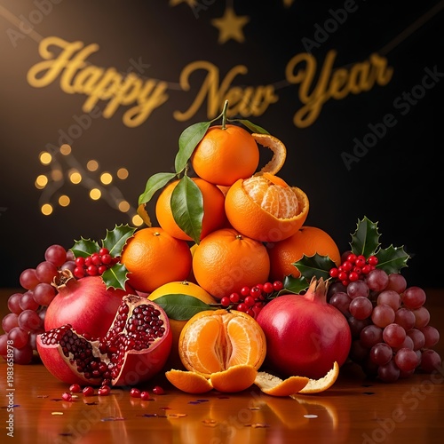 A festive arrangement of fruits, including oranges, grapes, and pomegranates, with a 
