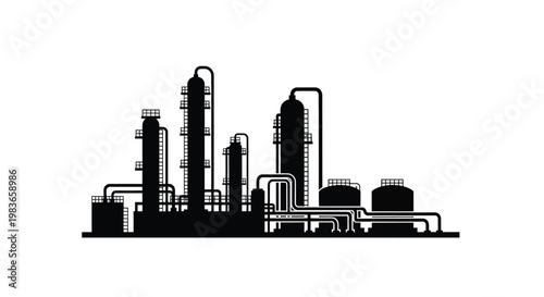 Industrial complex with towers pipes and tanks depicted as a silhouette