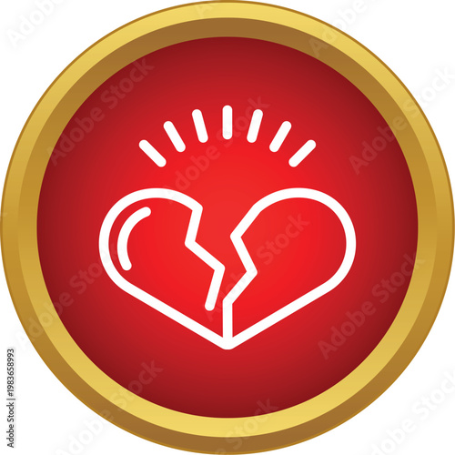 Broken heart outline icon symbolizing breakup and separation in a red and gold circle