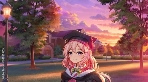 Graduate Stands in a Park at Sunset Wearing a Graduation Gown With a Cap