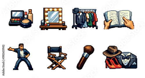 Theatre dressing room icons showing makeup, wardrobe and props
