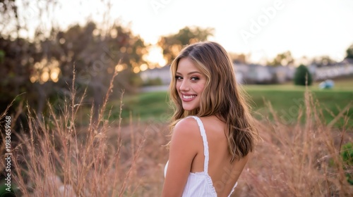 Young Woman Smiles Outdoors During Sunset With Grass and Trees in the Background