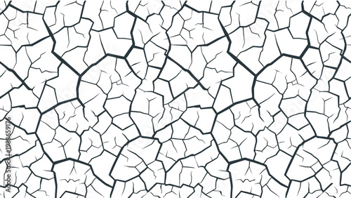 Abstract Seamless Cracked Earth Texture Vector, Black and White Dry Ground Pattern, Parched Soil Surface Illustration for Background, Drought and Climate Change Concept Design