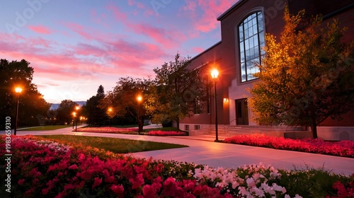 Colorful Flowers Line the Pathway During Sunset at a University Campus in the...