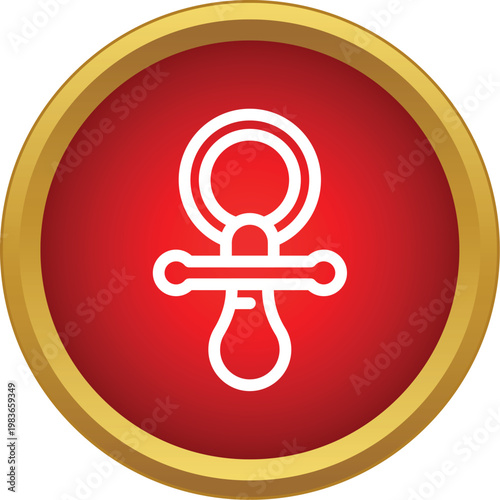 Baby pacifier outline icon in red and gold circle for infant care symbol