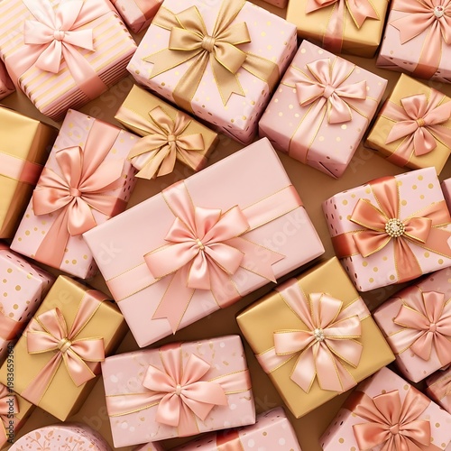 A festive assortment of beautifully wrapped gifts in soft pink and gold