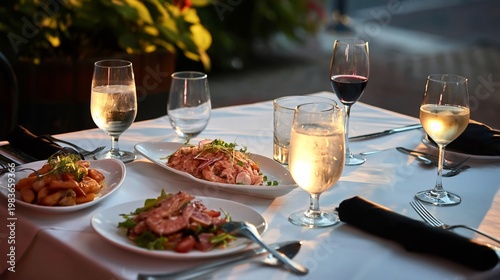 Dinner Setting With Food and Drinks on a Table in a Restaurant During Sunset