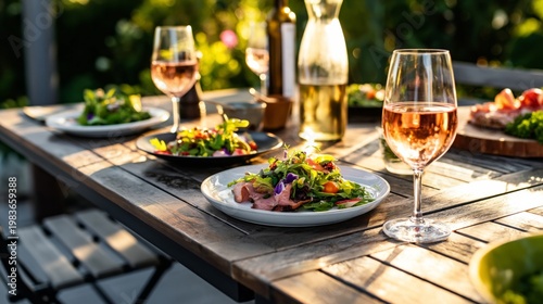 Dinner Setting With Food and Drinks on a Table in a Restaurant During Sunset