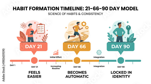 Habit formation timeline illustrating the 21-66-90 day model of consistency
