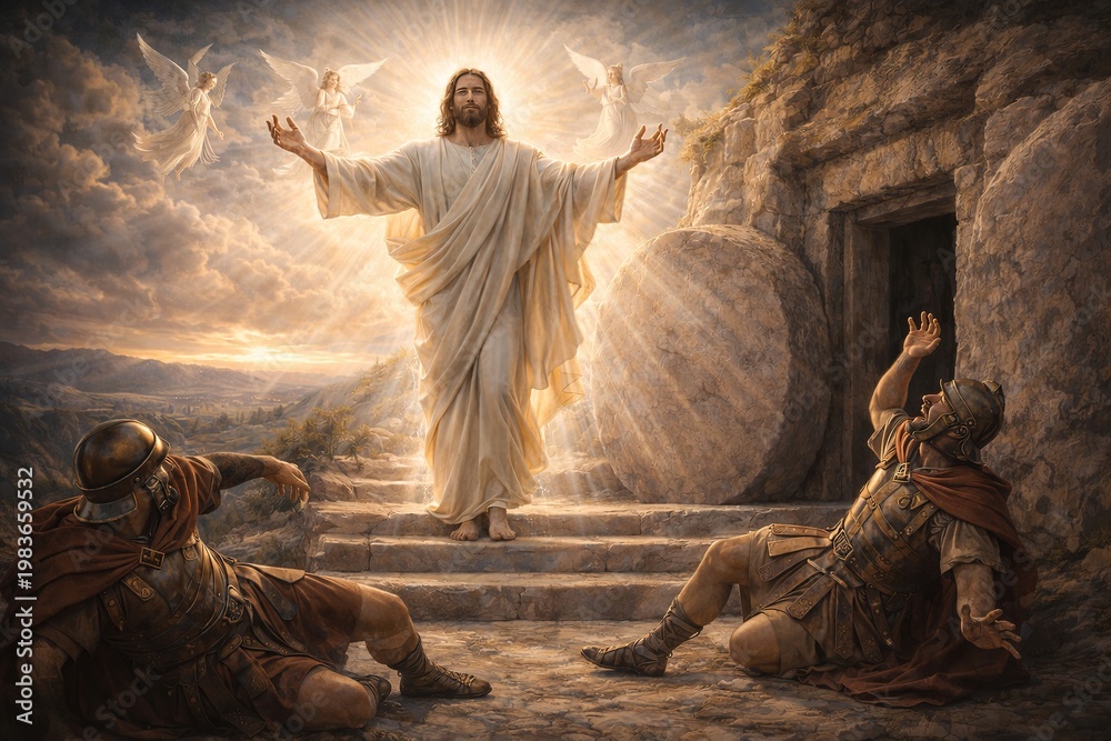 Naklejka premium Resurrection of Jesus Christ in glowing white robes with angels against open tomb and stunned Roman soldiers in golden armor
