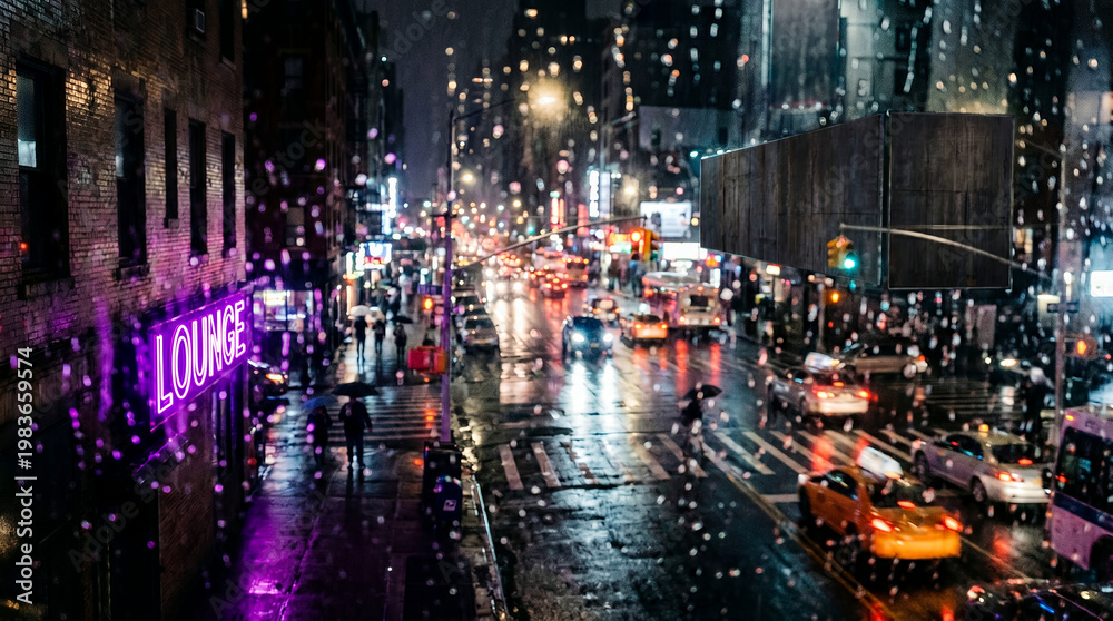 Fototapeta premium City street illuminated at night with rain and traffic lights 