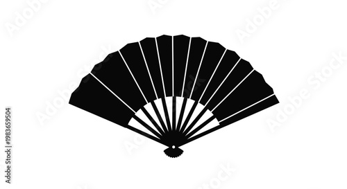 Elegant black folding fan displayed against a plain white background silhouette