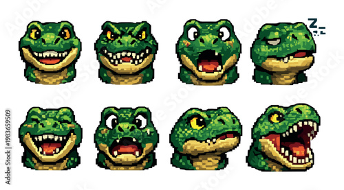 Green crocodile head emoticons showing various facial expressions