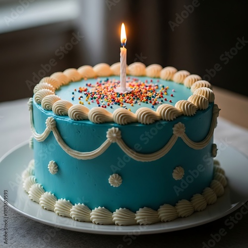 A festive blue frosted cake with a single lit candle and colorful sprinkles