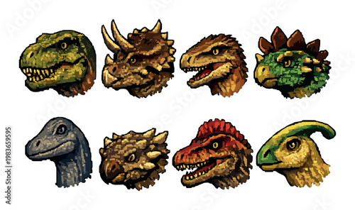 Realistic dinosaur head portraits arranged in two rows on dark background