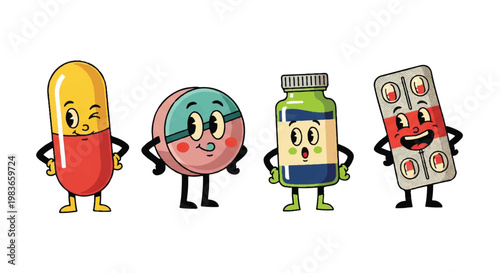 Cartoon medicine characters illustration on white background
