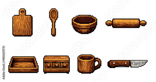 Wooden kitchen utensils and tableware arranged on neutral background