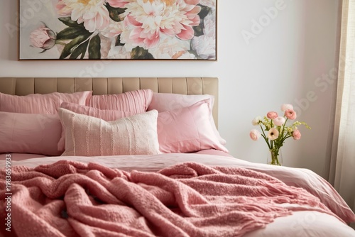 Cozy Bedroom Setup With Pink Bedding and Floral Decorations in a Bright Inter...